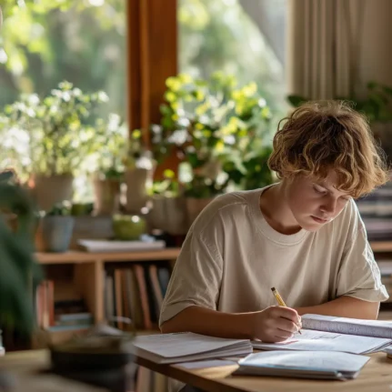 A homeschooling student in a warm inviting living room, with plants and green in windows behind him