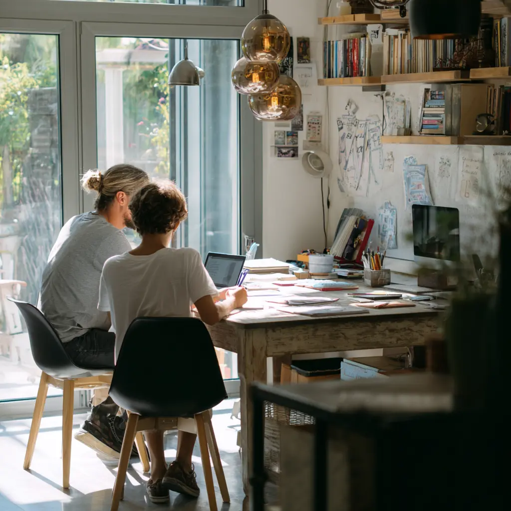 Teacher and student at desk at home, homeschooling for art lesson