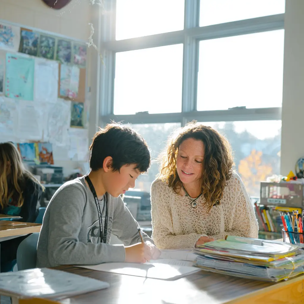 Teacher and asian student studying at desk