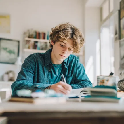 Young male teen sitting at desk studying