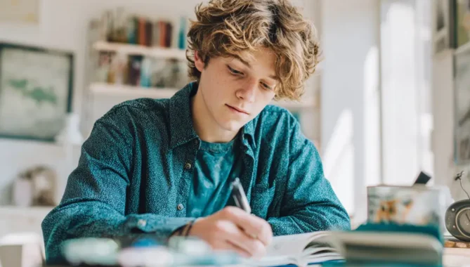 Young male teen sitting at desk studying