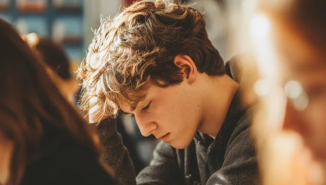Frustrated high school student sat in classroom