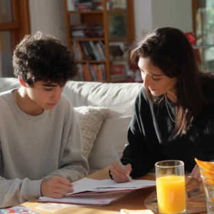 Tutor and teenage student at home at dining table with toast and orange juice