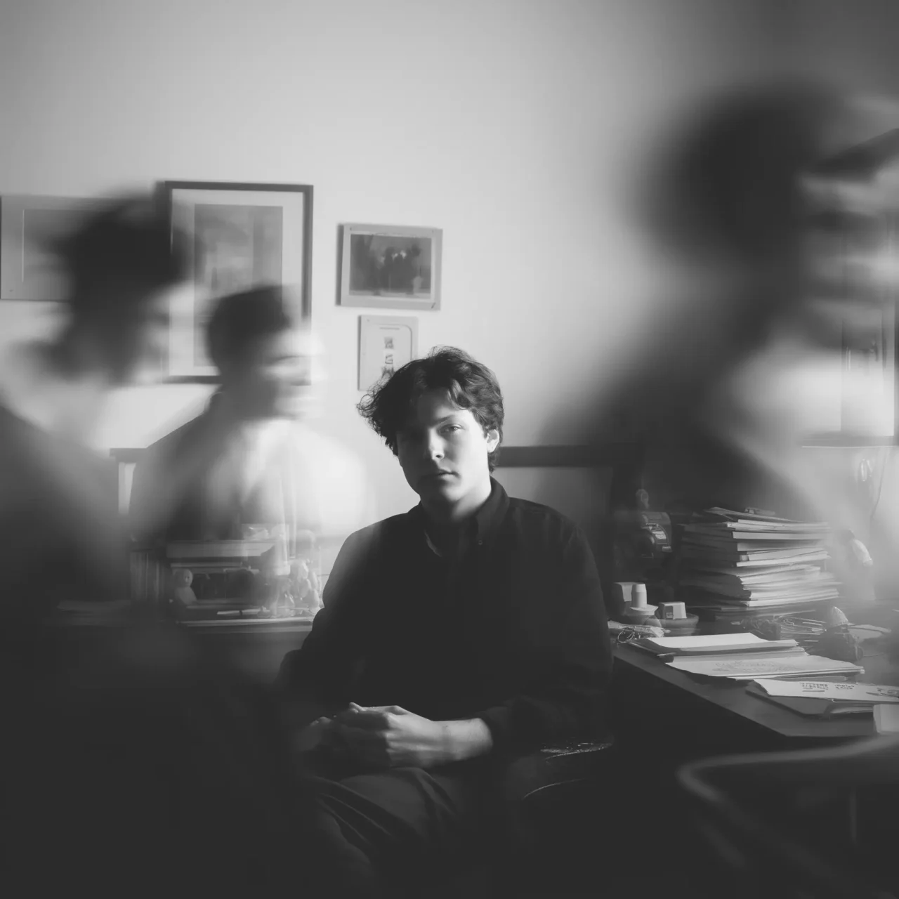 Moody black and white blurry picture of teenager sitting in chair