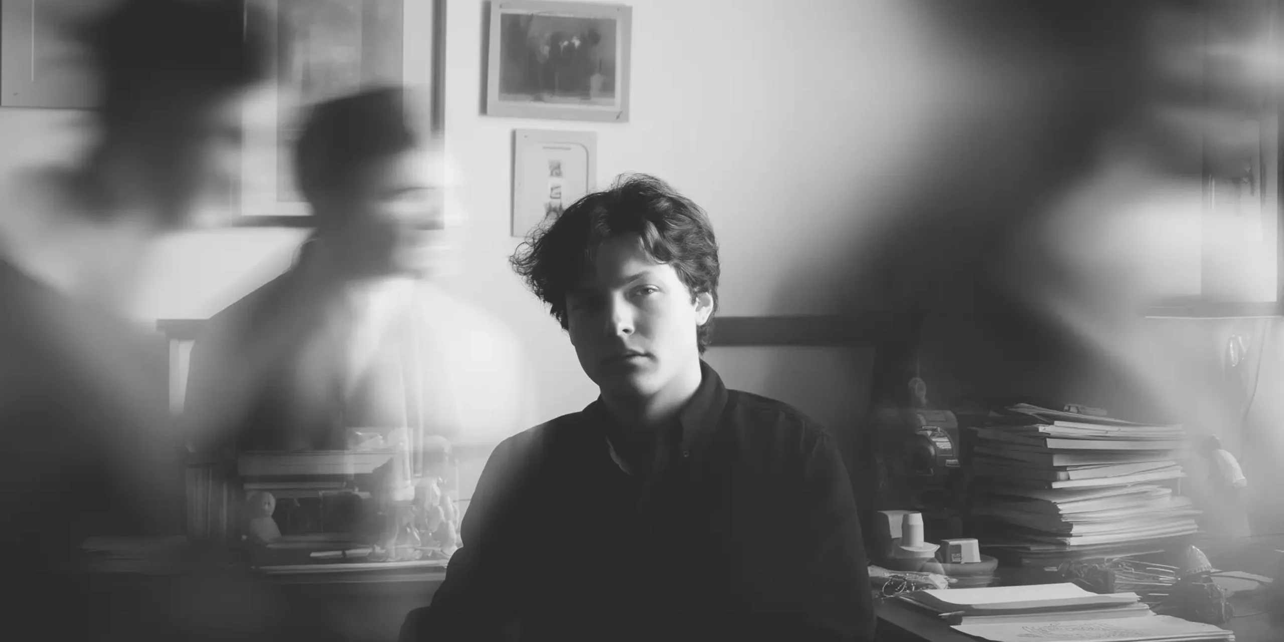 Moody black and white blurry picture of teenager sitting in chair