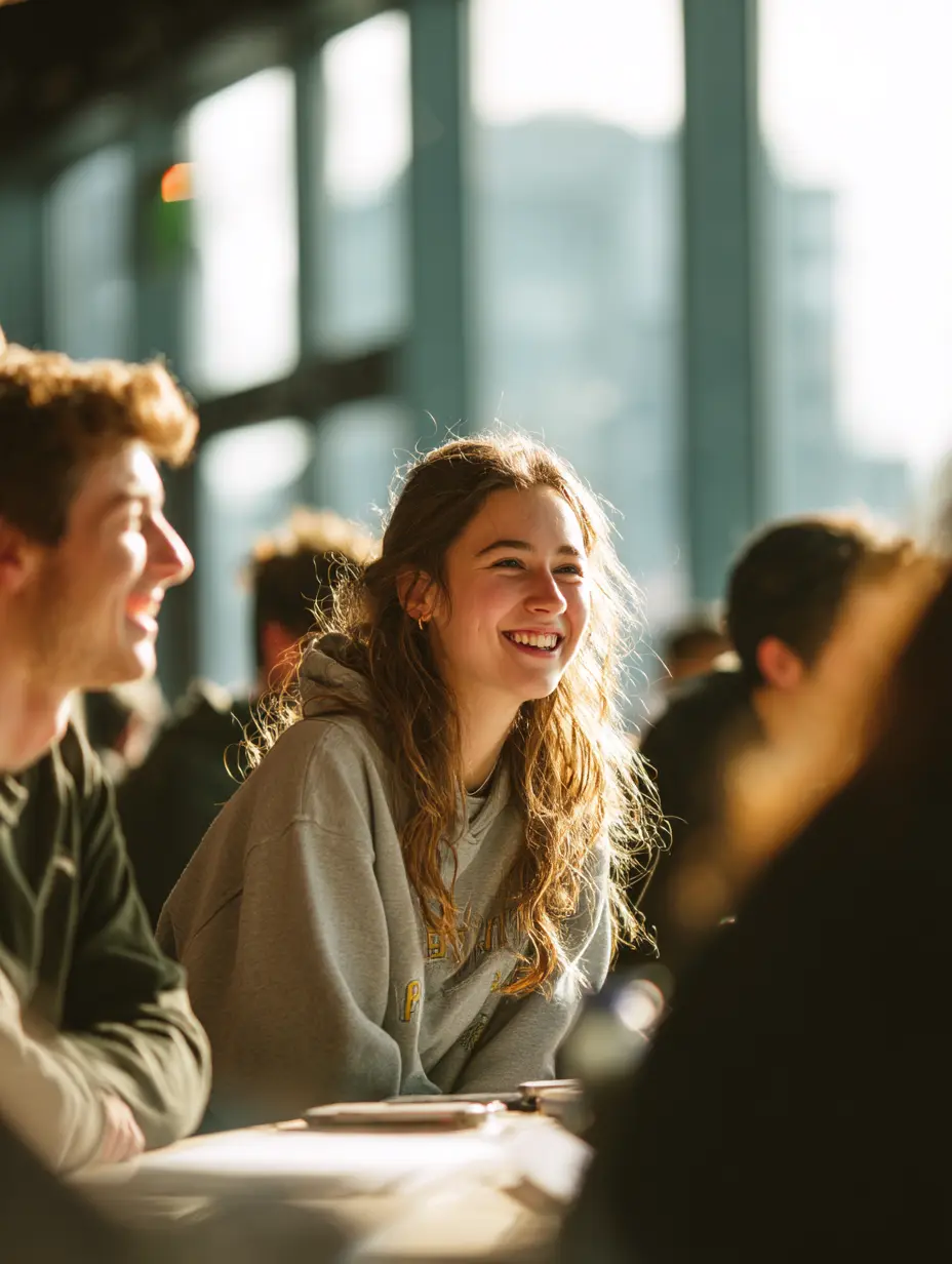 Group of university students at table discussing and conversing