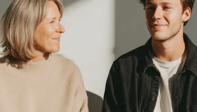 Mother and son sat smiling