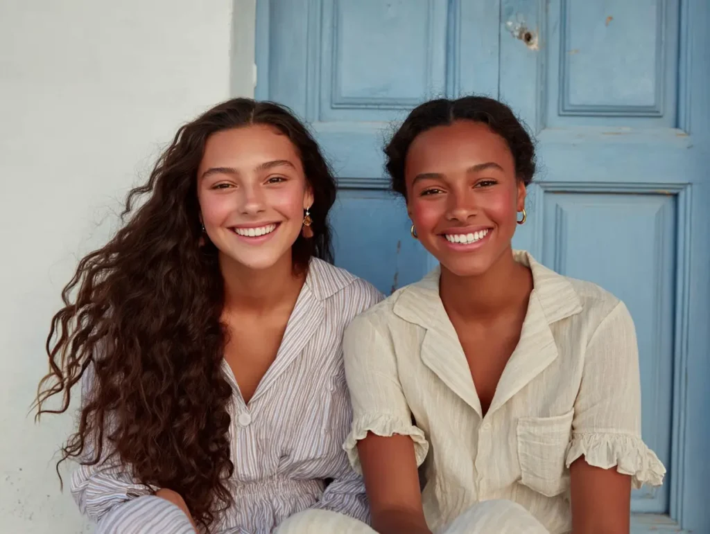 Two happy teenage girls sat on a doorway in Mediterranean setting
