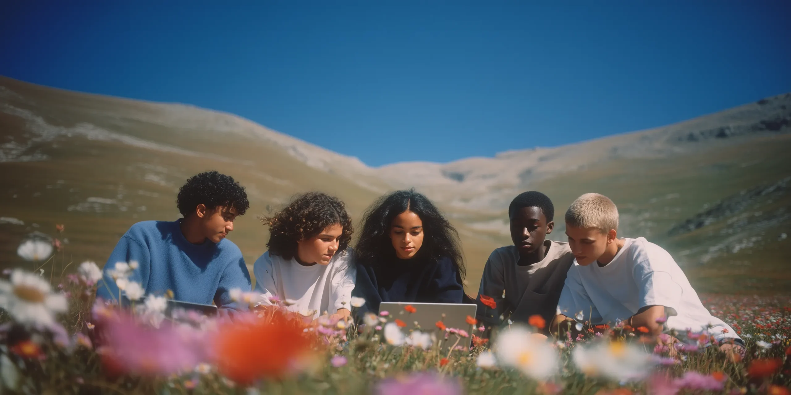 Group of students lying down in a beautiful meadow looking at a laptop screen