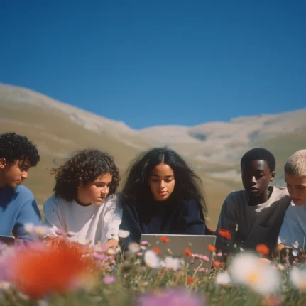 Group of students lying down in a beautiful meadow looking at a laptop screen