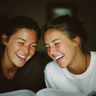 Two teenage friends laughing together over a book