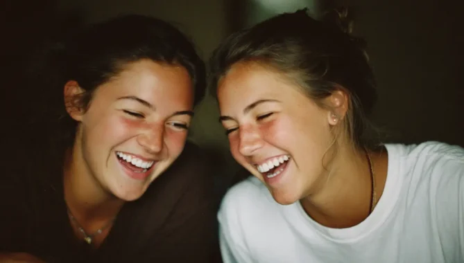 Two teenage friends laughing together over a book