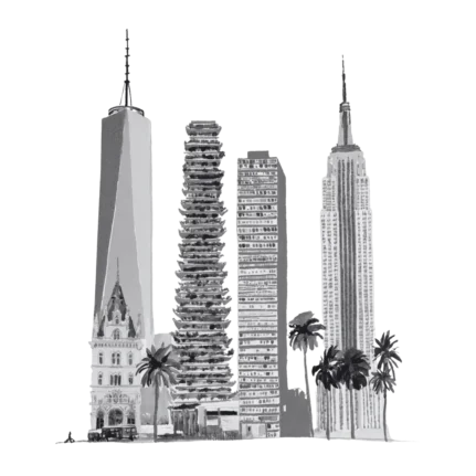 Multiple cityscapes including Tokyo, New York, London and Dubai