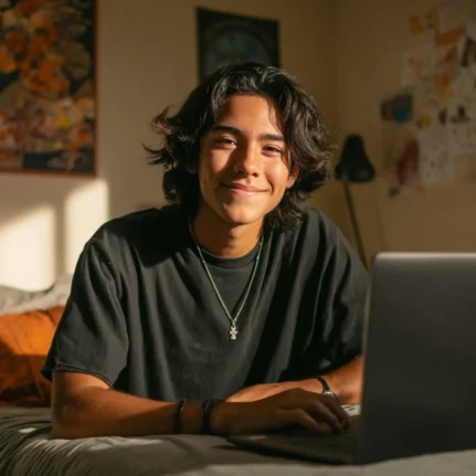 Latino student in front of a laptop smiling
