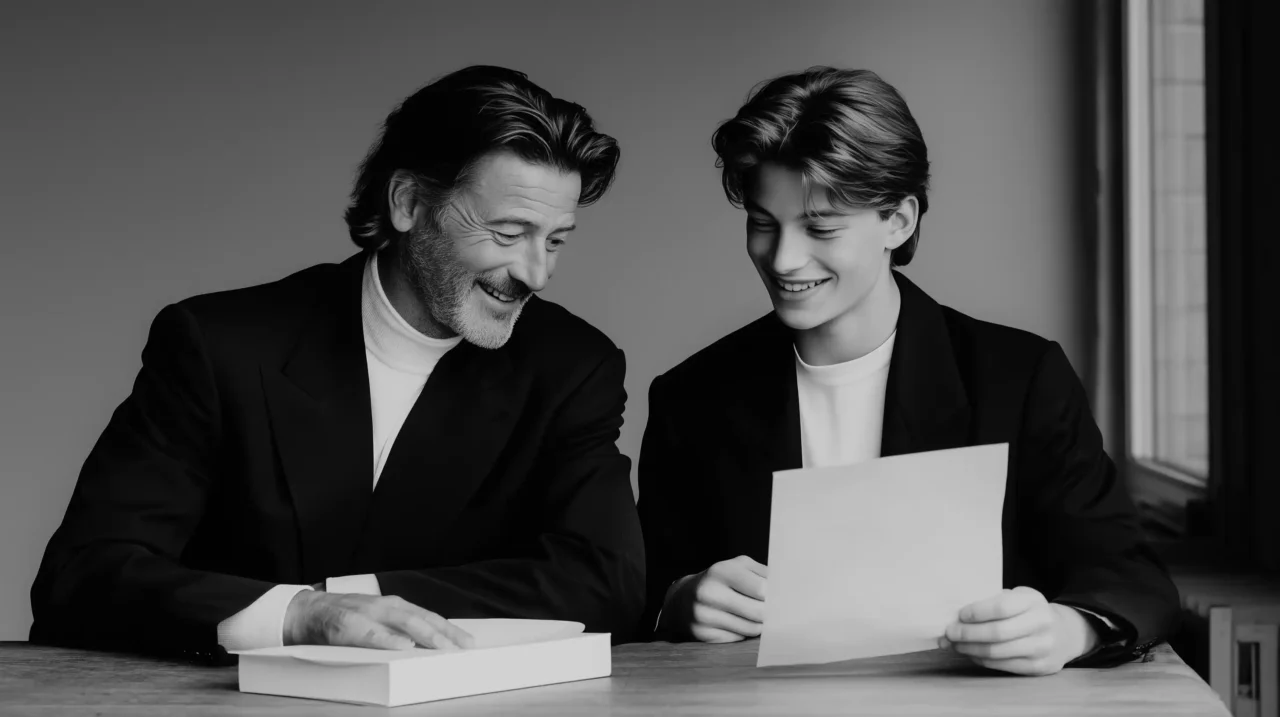 portrait of father and son looking through papers together at desk