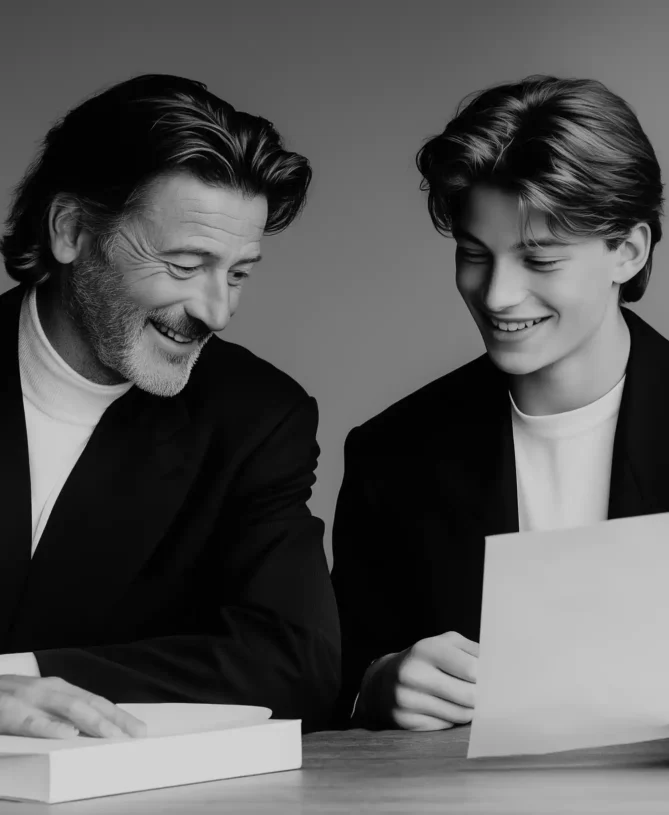 portrait of father and son looking through papers together at desk