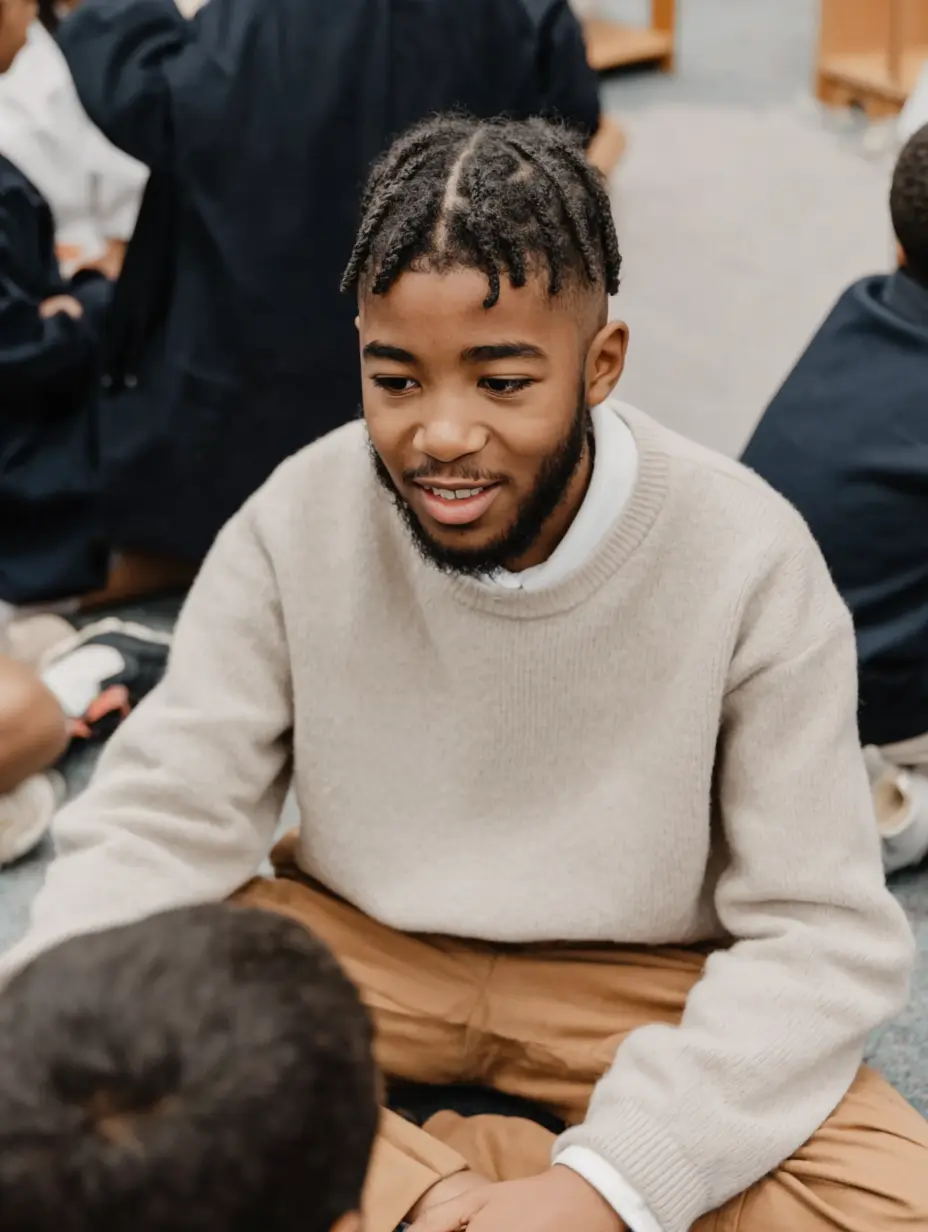 Student in a classroom sat on the floor with other school friends