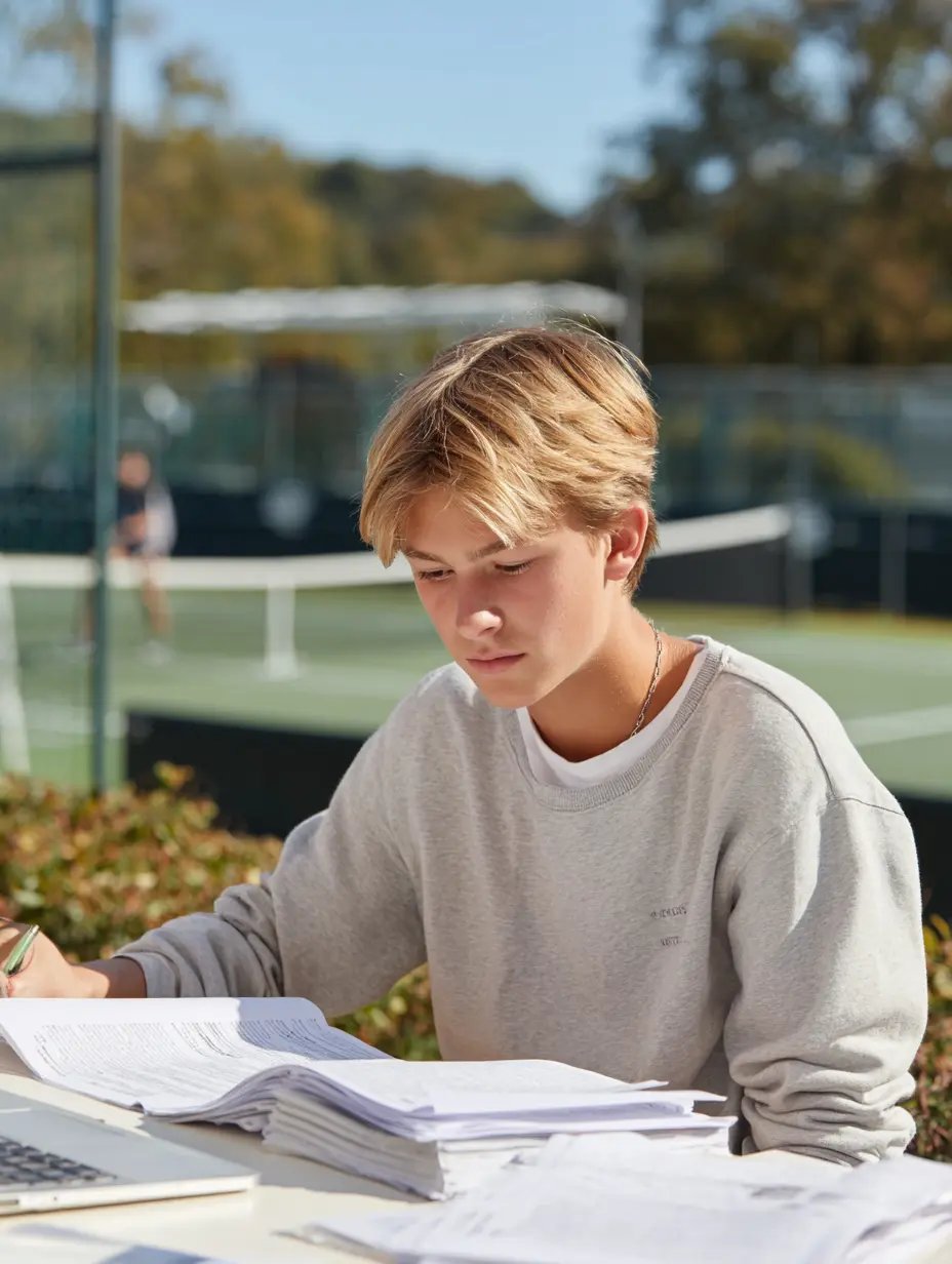 Teenager reading his textbook. There is a tennis court in the background