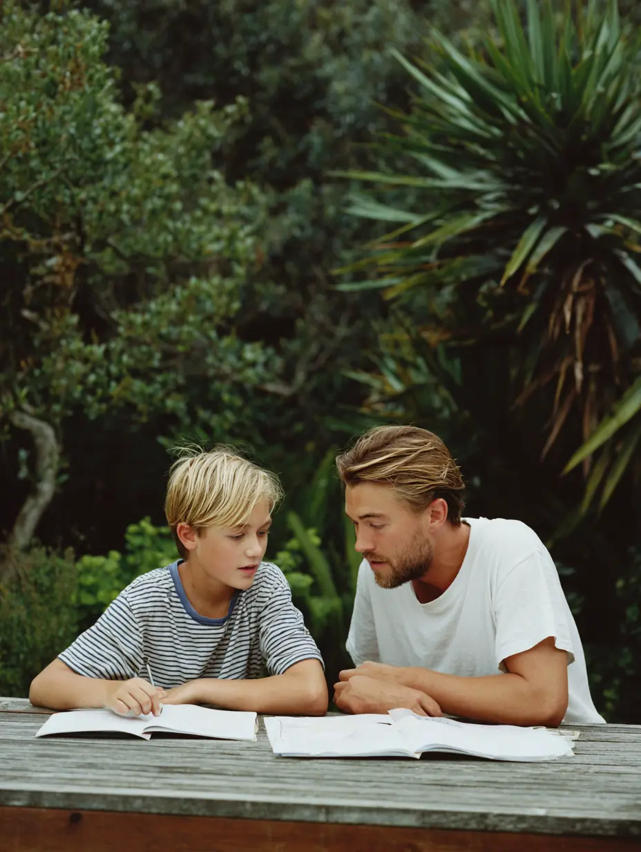 Tutor and young child in a tropical setting teaching