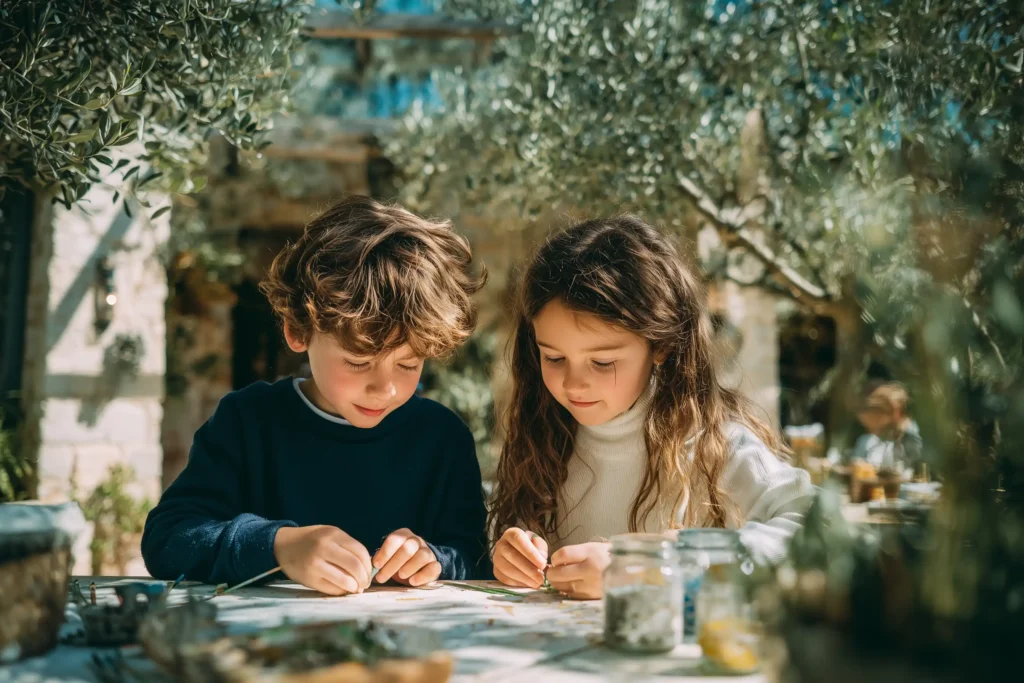 10 year old boy and 6 year old girl sat outside reading in olive grove on family vacation
