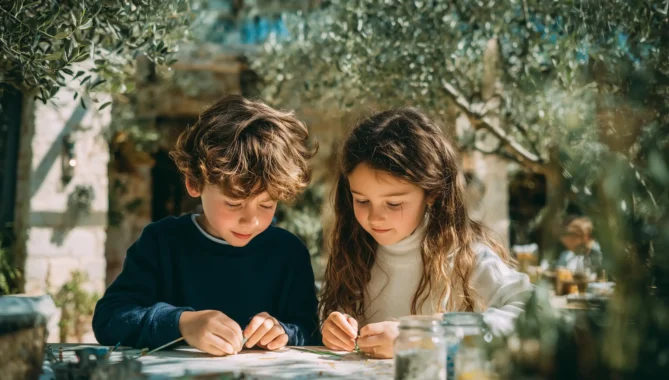 10 year old boy and 6 year old girl sat outside reading in olive grove on family vacation