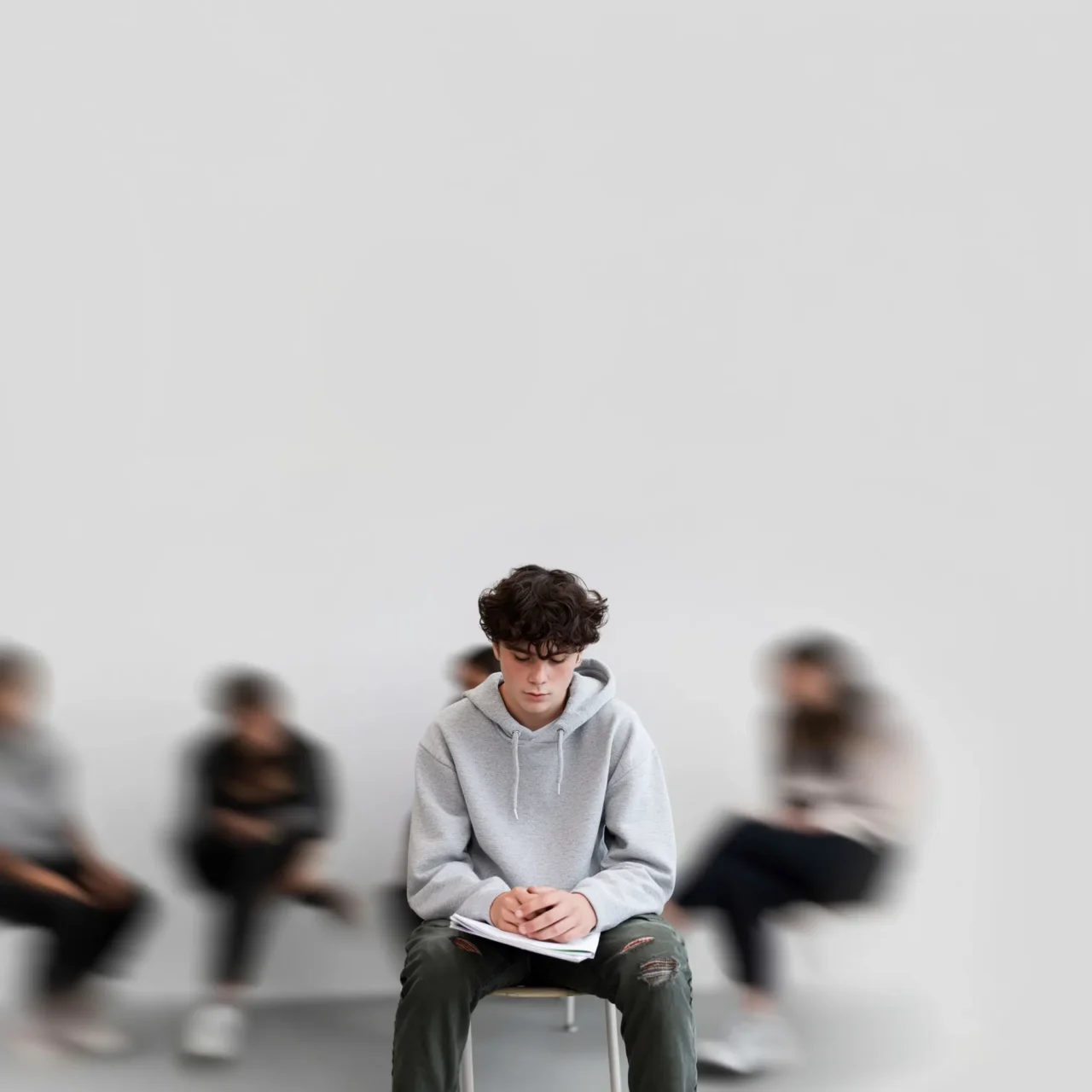 Teenage boy sat in middle of room, blurry background of teenagers behind him
