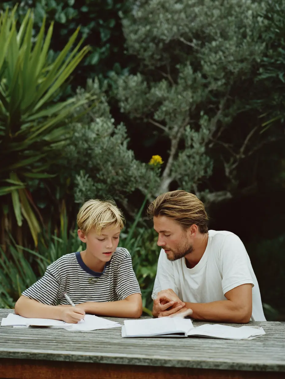 Tutor and blonde boy studying outside in a hot tropical country