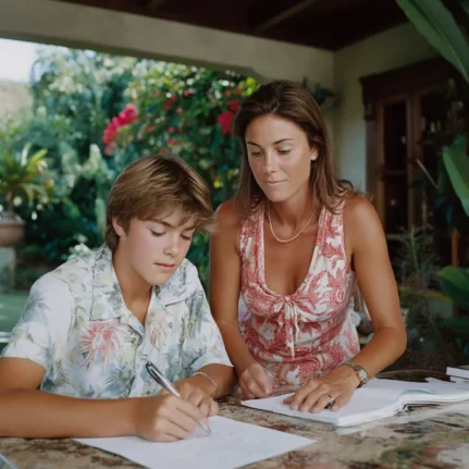 Tutor teaches student in a beautiful tropical setting and villa
