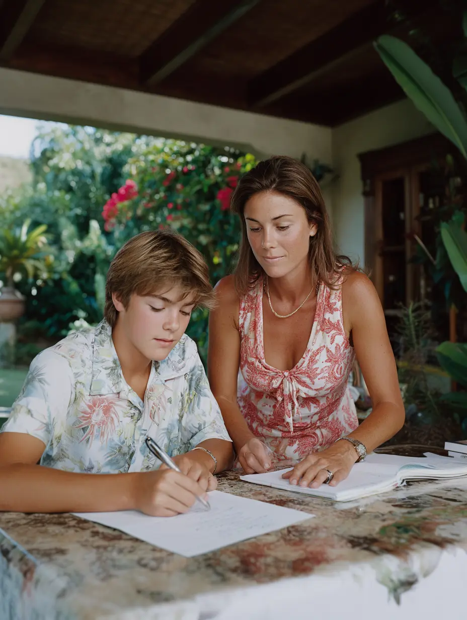 Tutor teaches student in a beautiful tropical setting and villa