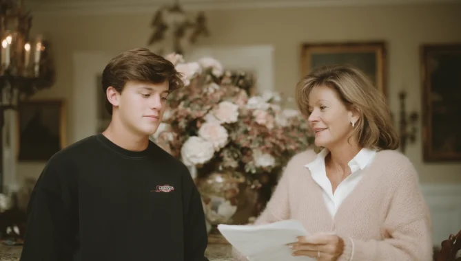 Teenage student and respectable mature tutor chat in the hallway of an affluent house