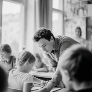 black and white photograph of a teacher in a classroom primary school