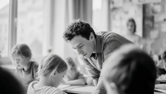 black and white photograph of a teacher in a classroom primary school