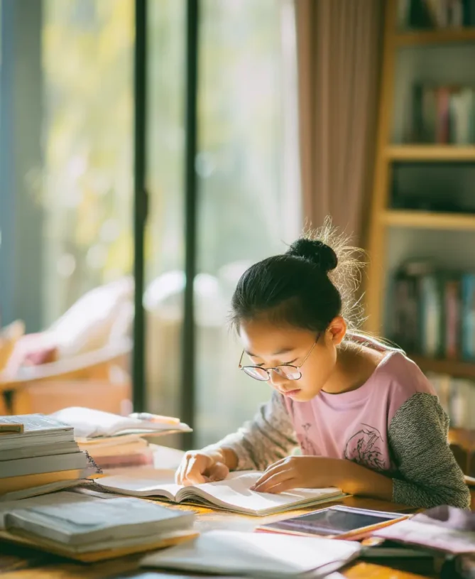Asian student studying English books in a bright room by the window