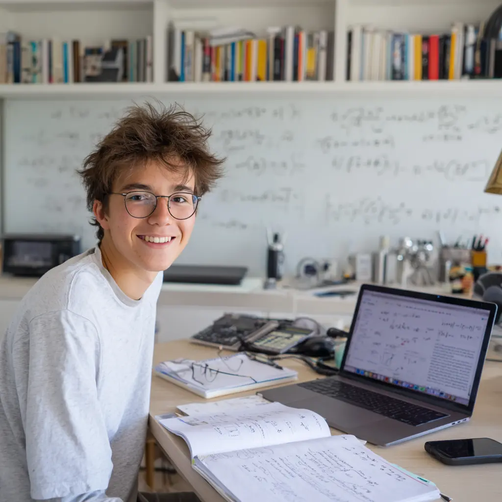 Computer science student at home with laptop and papers on desk in front of him
