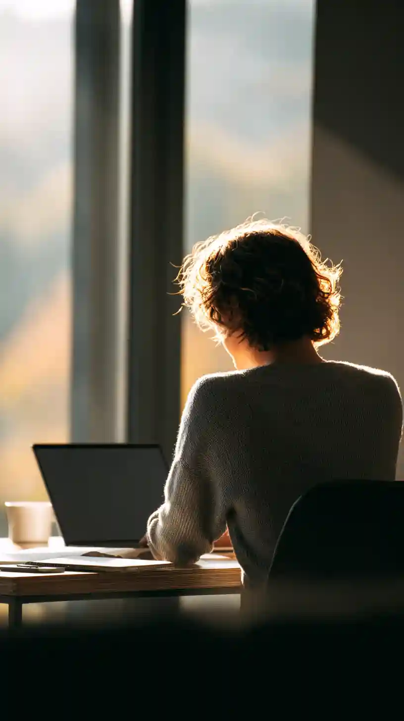 Photograph shot from behind of an individual on their laptop at desk as sunlight comes through window