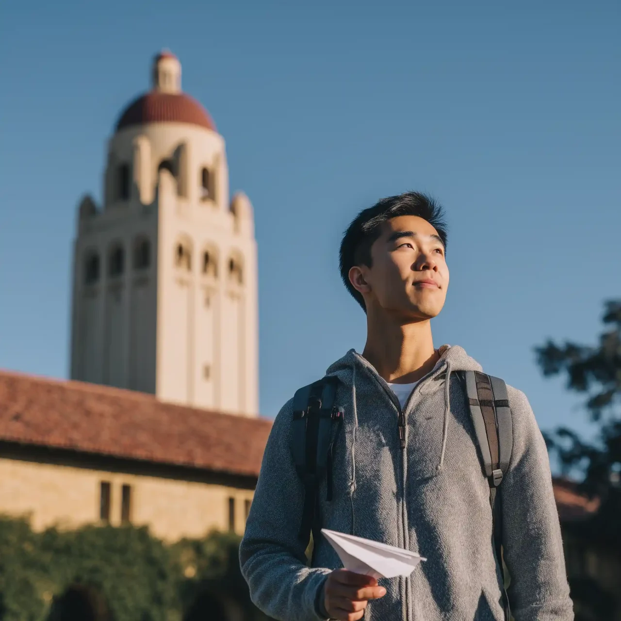 Wide shot of an Asian student outside Stanford Library