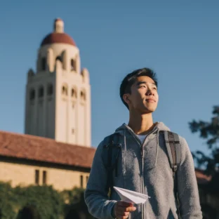 Wide shot of an Asian student outside Stanford Library