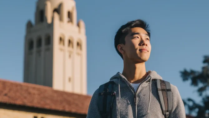 Wide shot of an Asian student outside Stanford Library