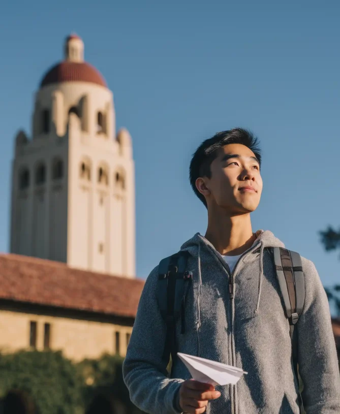Wide shot of an Asian student outside Stanford Library