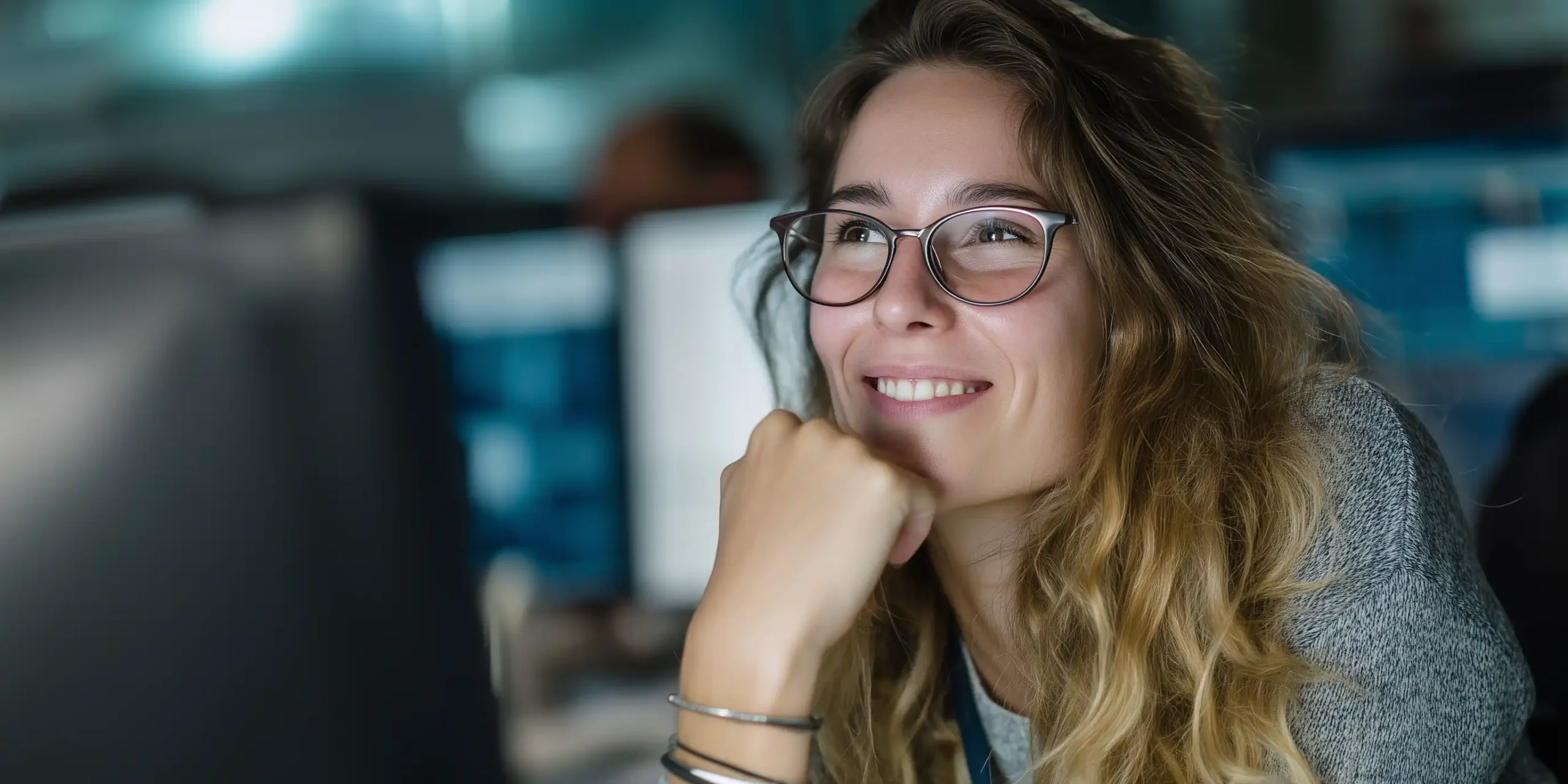 A computer scientist is sat at her desk smiling