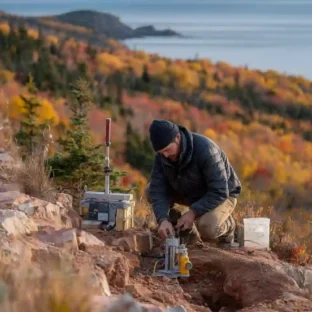 Geologist and Geography tutor measures rock samples whilst on field work