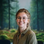 Geography tutor stands in front of a painting of a green pine forest