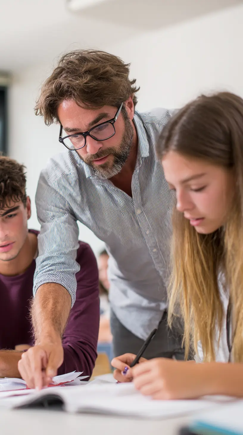 Male economics tutor teaching two teenage students in a classroom