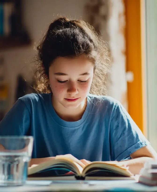 Girl studying at a desk and reading a book at home