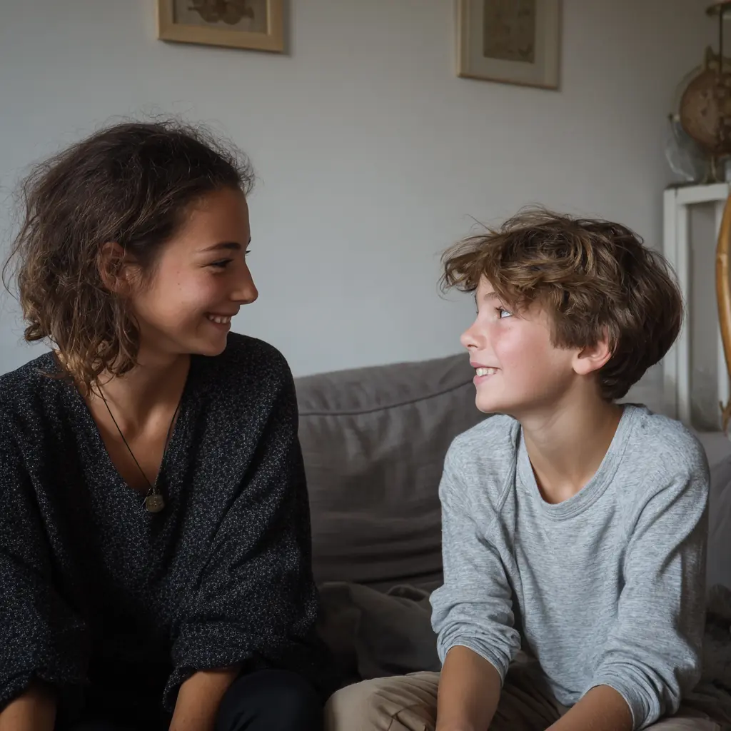 Tutor and boy smiling at each other whilst seated at home