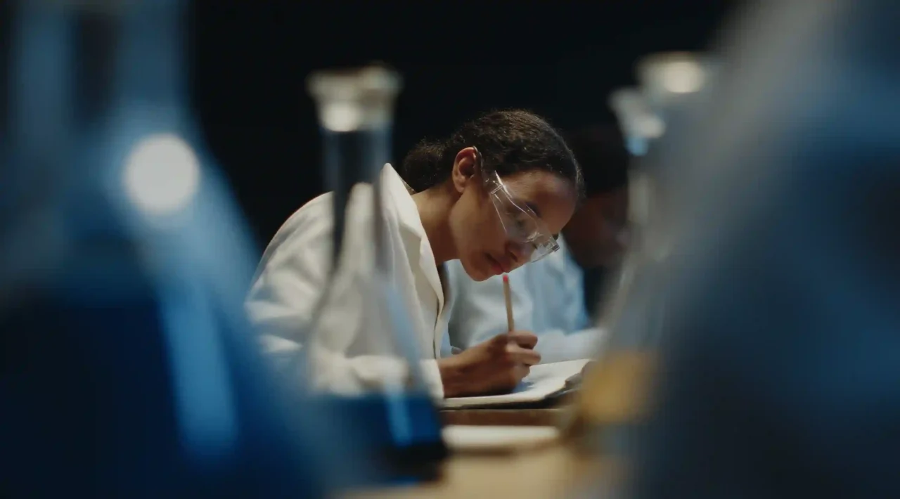 Young chemistry student in a lab taking notes