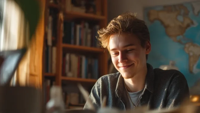 20 year old student studying geography and smiling