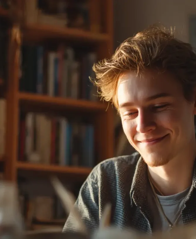 20 year old student studying geography and smiling