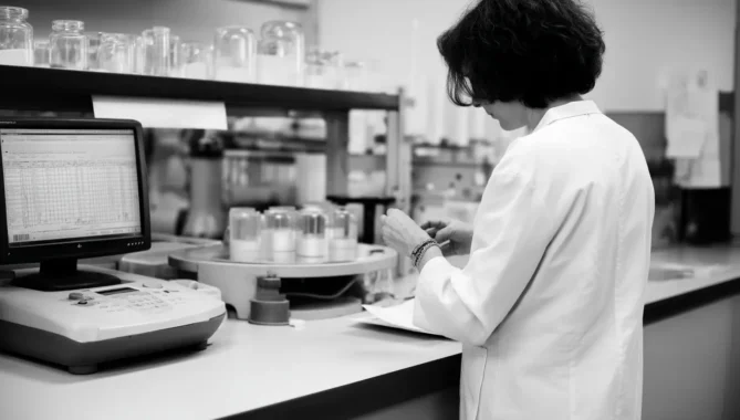 Chemistry lab with scientist working at a desk