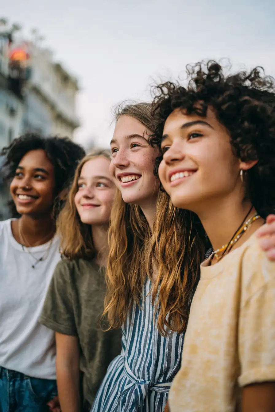 Four teenagers standing side by side on a school trip to Spain
